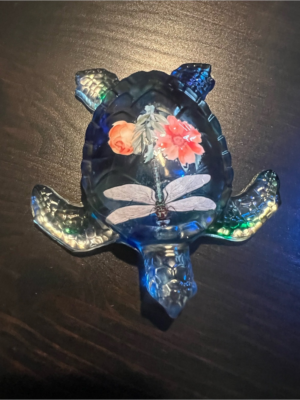 Blue Handmade Resin Sea Turtle Decorative Art with Floral & Dragonfly Motif